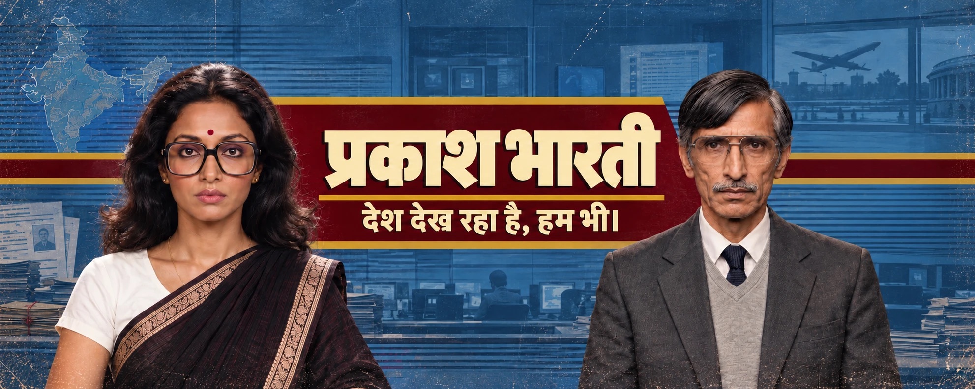 Prakash Bharati key art — anchors Nandita and Prabhakar Mishra flank the प्रकाश भारती title card, with the tagline देश देख रहा है, हम भी।