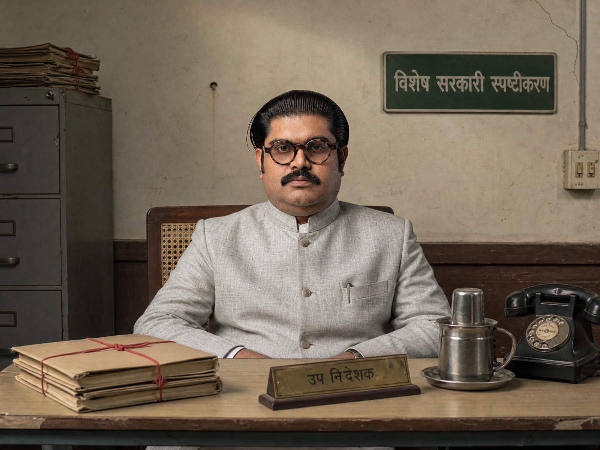 R. P. Chaturvedi at his desk under a विशेष सरकारी स्पष्टीकरण sign, with tied files, a steel tumbler and a rotary phone