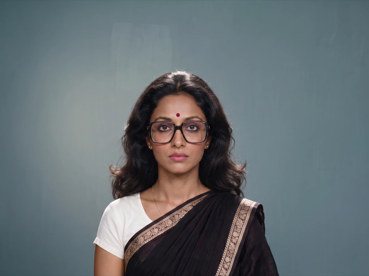 Nandita Rao — dark saree with gold border, large square glasses and a red bindi, facing camera against a blue-grey wall