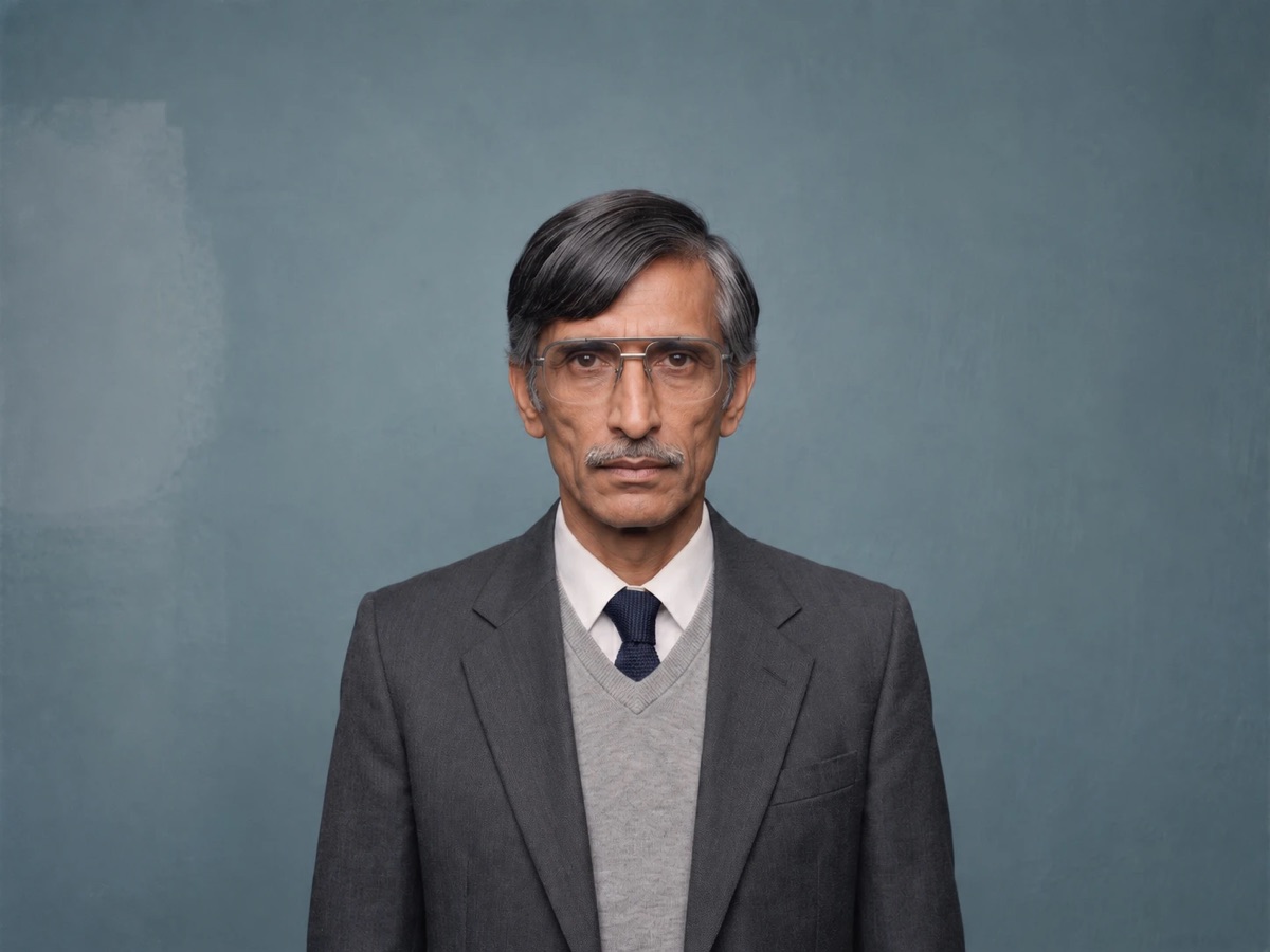 Prabhakar Mishra — grey suit, sweater vest, navy tie and steel-rimmed glasses, facing camera against a blue-grey wall